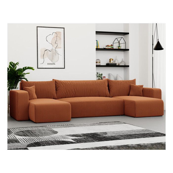 PIANO U 7-Sitzer Eckschlafsofa aus orangefarbenem Cord mit Stauraum und T30-Schaumstoff