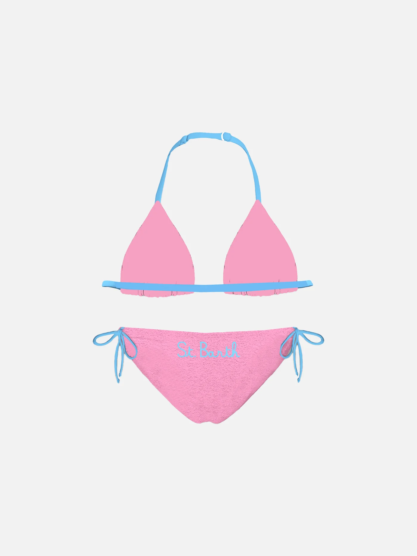 Bikini da bambina a triangolo rosa con piping