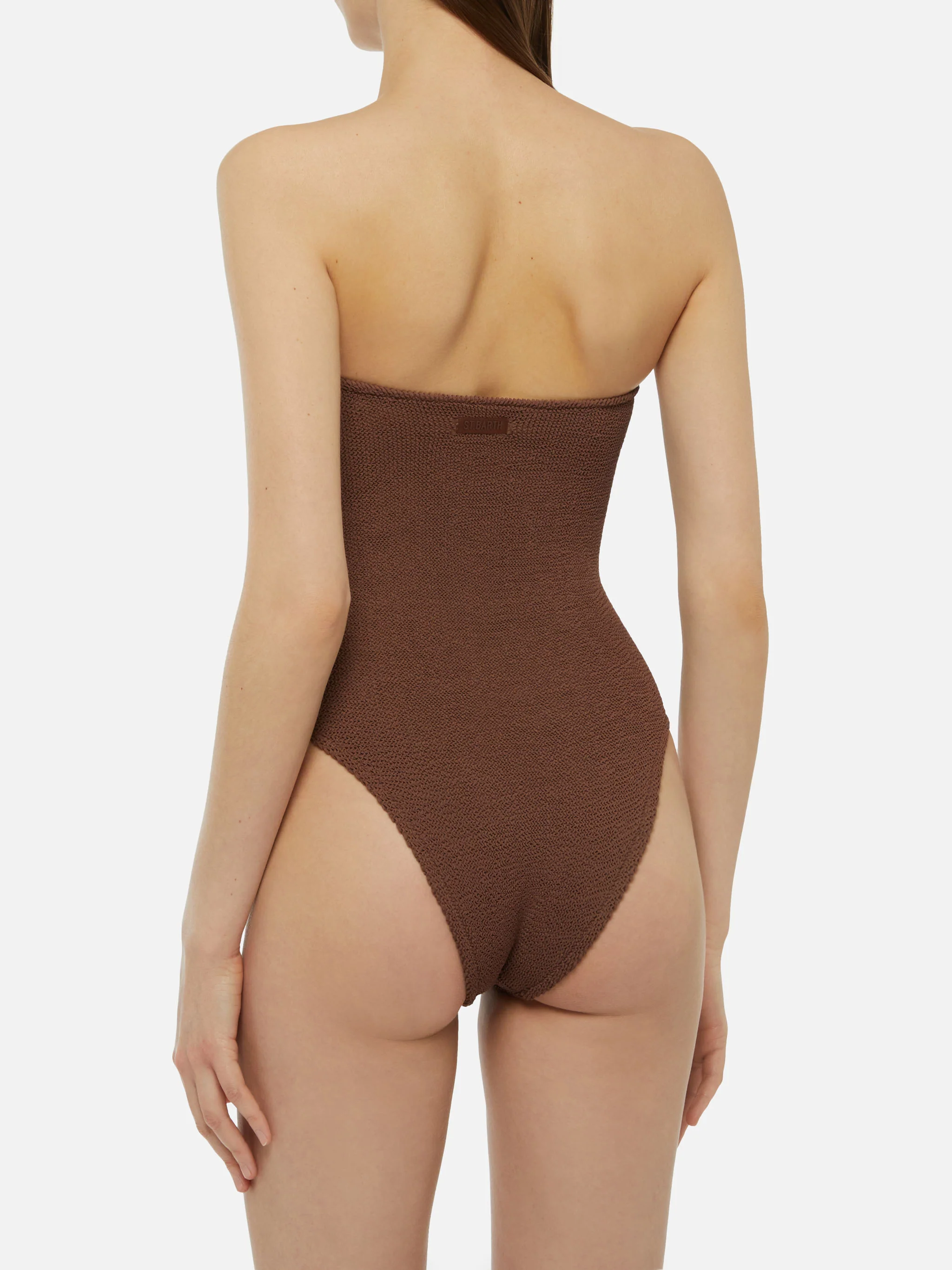 Soleil bruin strapless badpak met kreukelstructuur