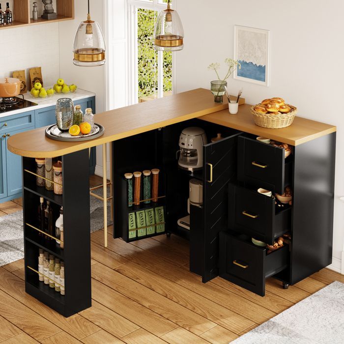 Buffet Cuisine,Îlot de Cuisine Extensible 135-228×39×104 cm,Avec 2 Portes 3 Tiroirs,Plateau Finition Bois, Roulant,Noir