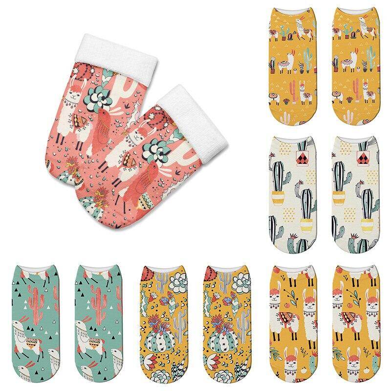 Fashion 3D Socks Women Low Cut Ankle Socks Alpaca Cactus Art Printing Sock Unisex Animal Cartoon Cotton Casual Short Sock