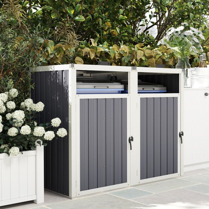 Refugio para 2 contenedores - Outsunny - 240 L - Tapas abatibles de 180° - Acero galvanizado - 146 x 81 x 122 cm - Gris oscuro