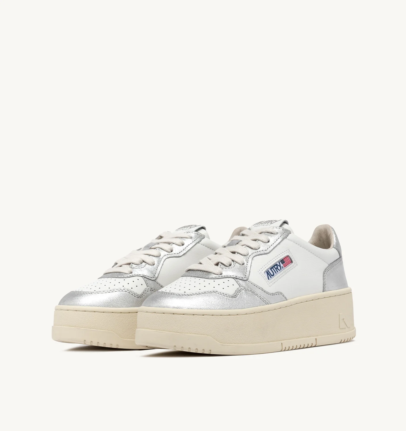 TENISI MEDALIAT PLATFORM JOS IN PELLE BIANCA E ARGENTO