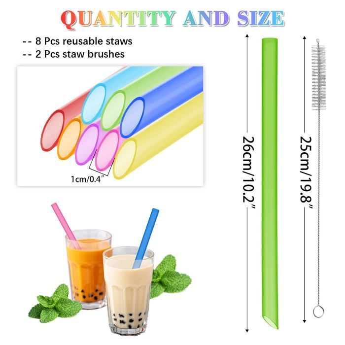Bubble Tea Straws, 8 Pieces, Strong Reusable Plastic + 2 Cleaning Brushes, Juice/Soda Straw Accessory, Cuneary