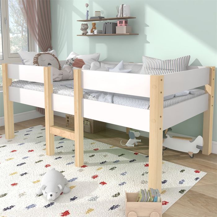 Letto per bambini di media altezza 90x190 cm in legno massello di pino bianco e rovere con sponda anticaduta