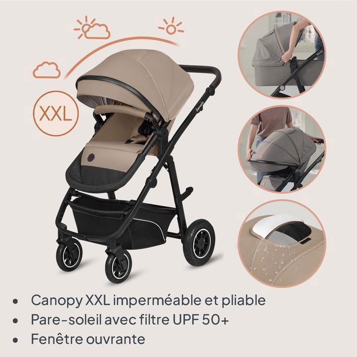 LIONELO Bianka 4-in-1 Travel System - Up to 22kg - Includes stroller, carrycot, car seat, ISOFIX base, bag and accessories - Beige