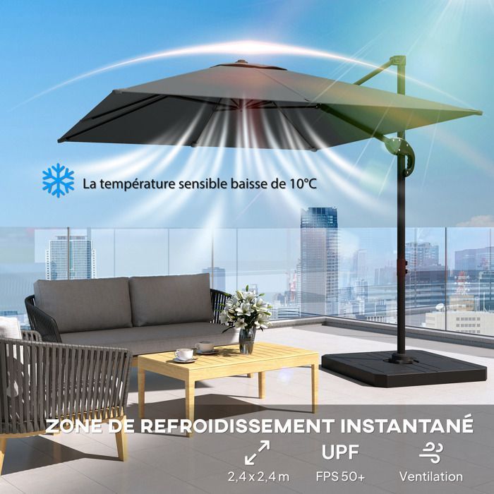 Parasol déporté - parasol de jardin extérieur - Outsunny - pied et dalles lestage - mât aluminium et rotatif 360° par pédale - gris
