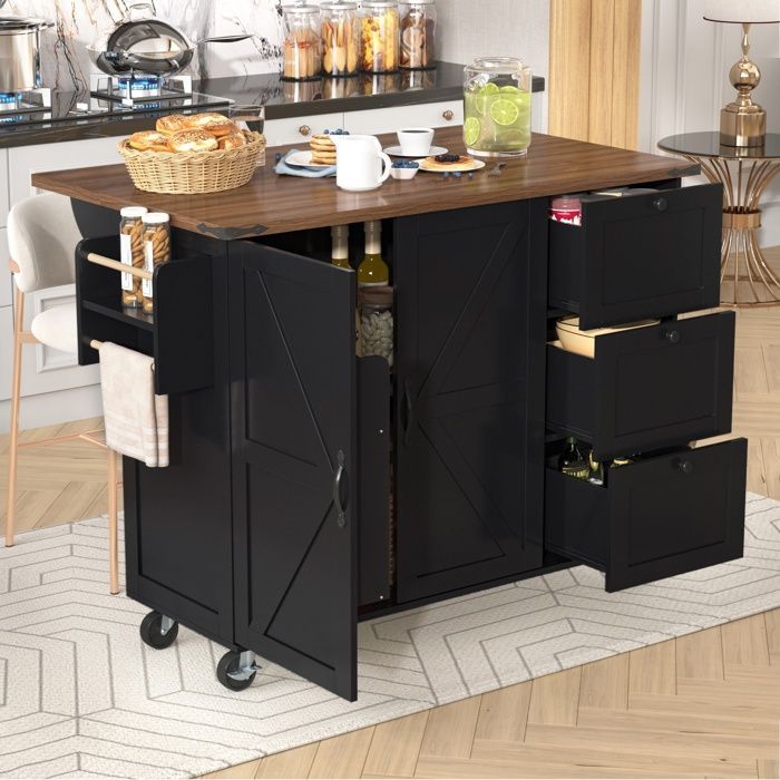 Desserte de Cuisine - TKOPY - Bîlot de Cuisine extensible sur roulettes avec 3 tiroirs et 2 portes - 140x73x92.5cm - Noir