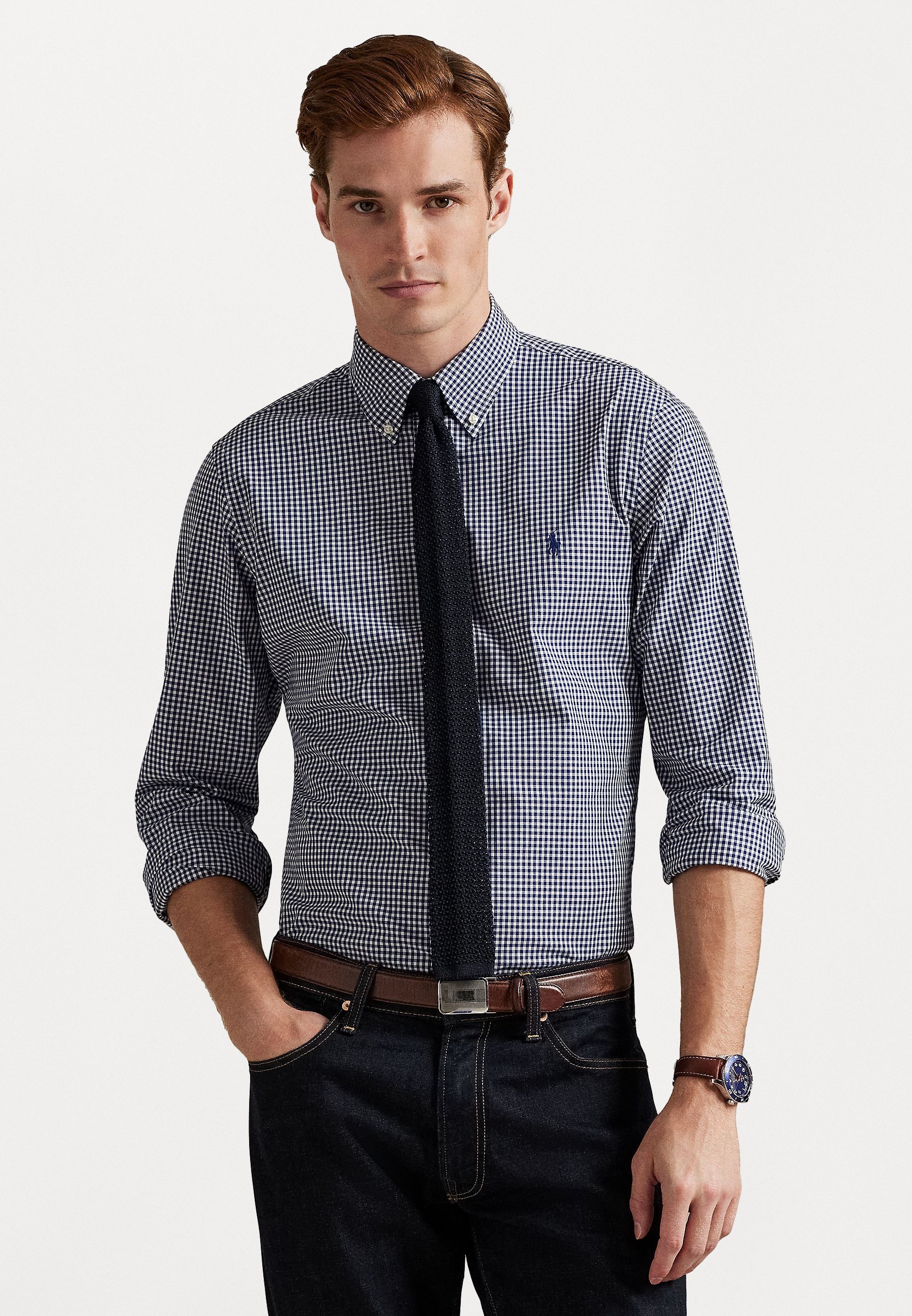 Chemise Polo Ralph Lauren coupe personnalisée vichy en popeline stretch - Bleu marine Newport/Blanc