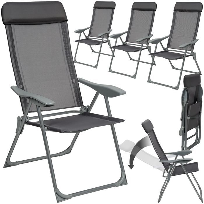 Tuinstoelen - TECTAKE - Set van 4 MAURINE opklapbare buitenstoelen van aluminium met gewatteerde hoofdsteun - Antracietgrijs
