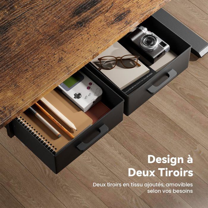 HLONONE Bureau Électrique Debout et Assis, 140 x 80 cm, avec Prise de Courant Intégrée, 2 Tiroirs Amovibles, Port USB-C, Marron