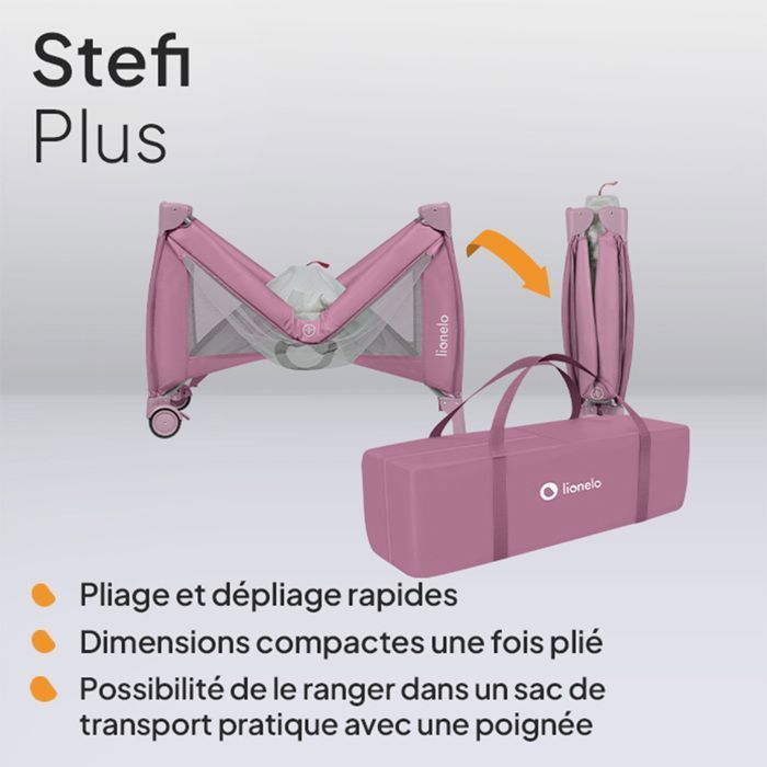 Cuna de viaje compacta 2 en 1 LIONELO Stefi Plus - Parque infantil - Colchón de espuma T25 - 0-36 meses - Plegado rápido - 2 ruedas - Rosa