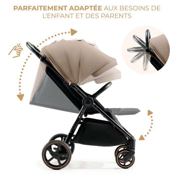Passeggino Kindercraft MITZY (fino a 27 kg), chiusura con una mano, taglia grande, senza aria, ruote ammortizzate, beige.
