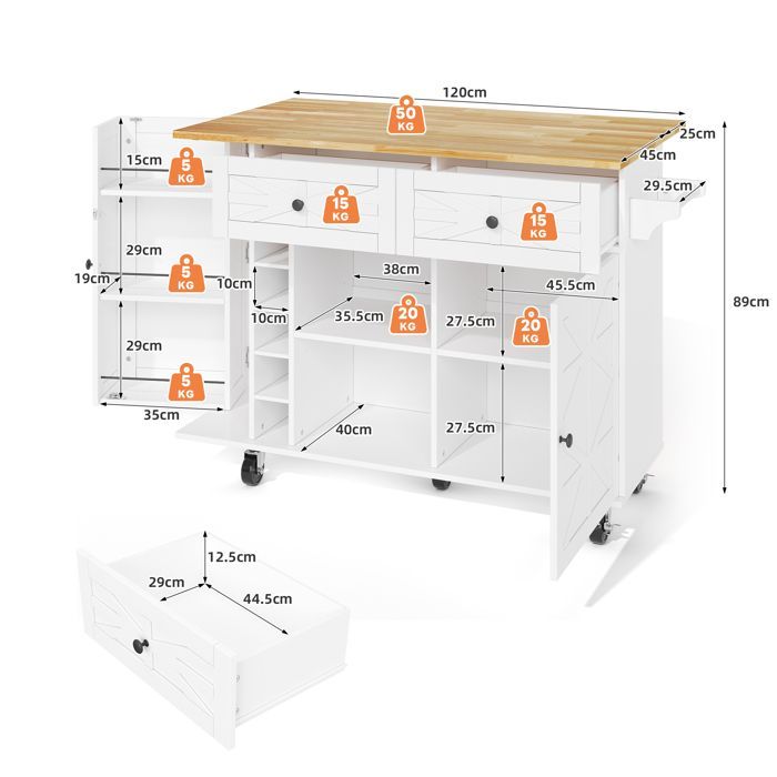 ILOT CENTRAL-CDISPLAY 120 x 45(70) x 89 cm-Roulettes verrouillables à 360°-blanc