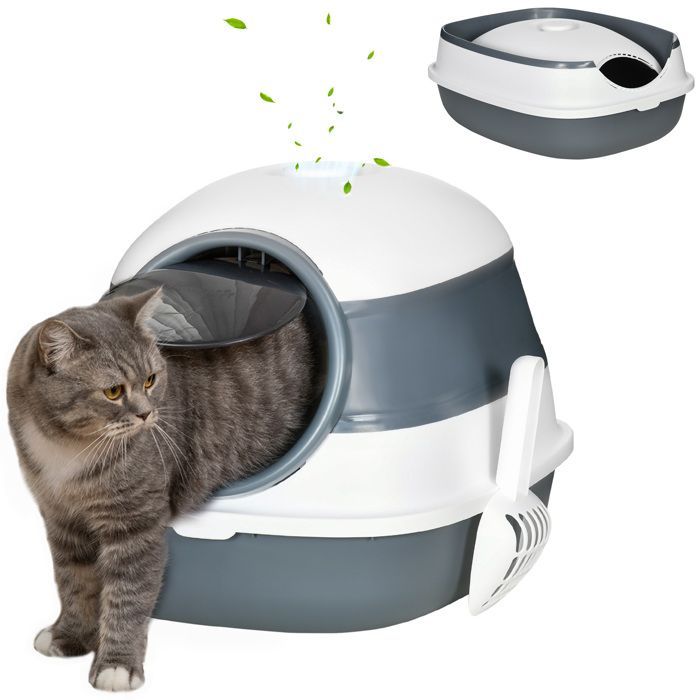 Bac à litière - PawHut - maison de toilette chat pliable porte battante lucarne pelle fournie - plastique - 52x41x38cm - gris blanc