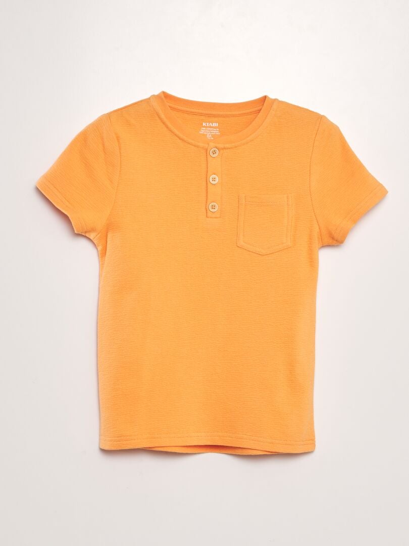 Camiseta de algodón con cuello Henley - NARANJA