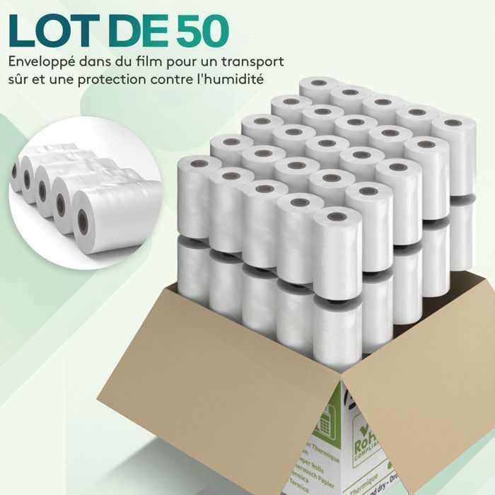 ACROPAQ 50 rollos térmicos para terminales de pago 57x40x8mm - 19,7m - 50 rollos EFT - Sin BPA - Tamaño universal