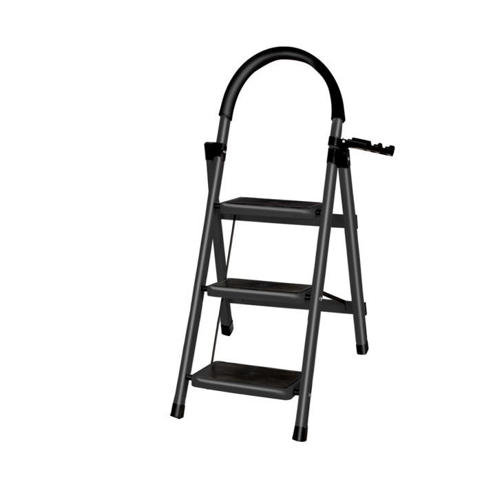 Escalera plegable de acero de 3 peldaños, color negro, 104 cm, con asa y plataforma antideslizante, capacidad de carga de 150 kg.