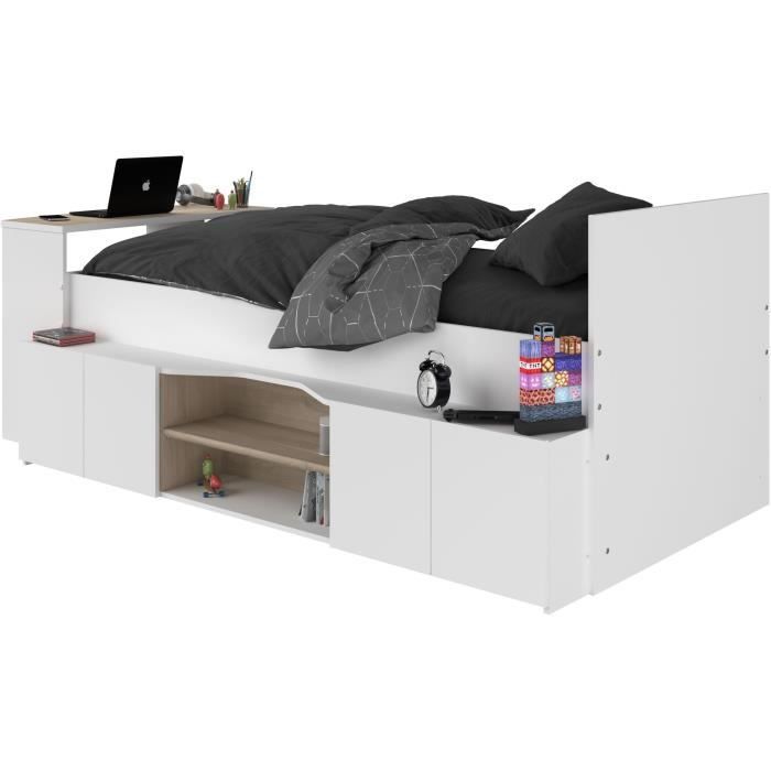 CLOE Children's Combination Bed with Storage and Desk - 90 x 200 cm - White and Oak Finish - PARISOT