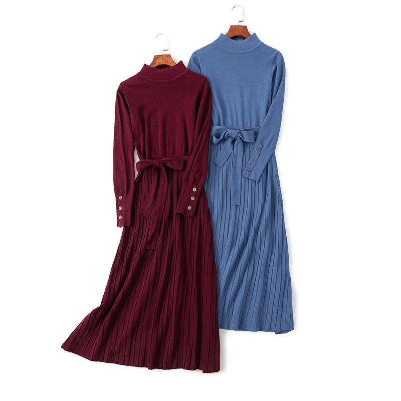 Robe pull longue d'automne-hiver à manches longues pour femme, robe pull longue OL avec ceinture, élégante robe cintrée unie et trapèze