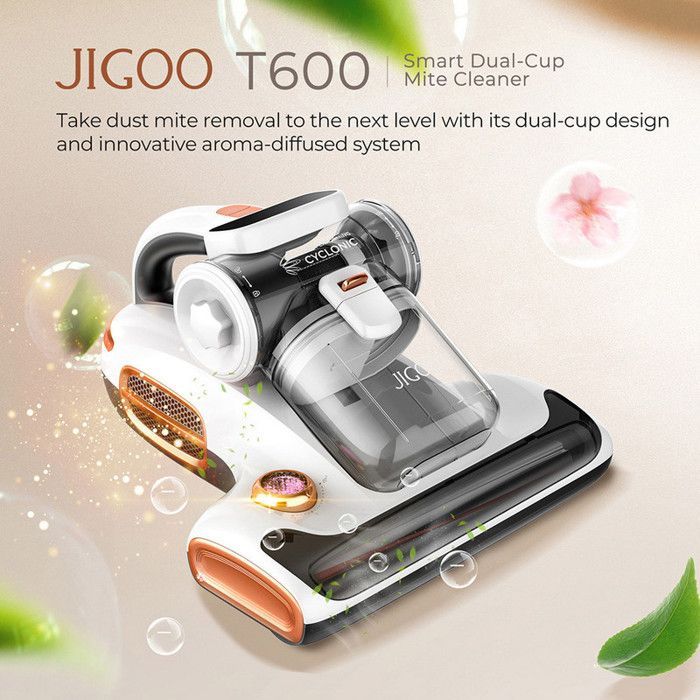 Aspirador de colchão JIGOO T600 – Tanque duplo, eliminação de 99,99% dos ácaros com sistema de difusão de aromas –