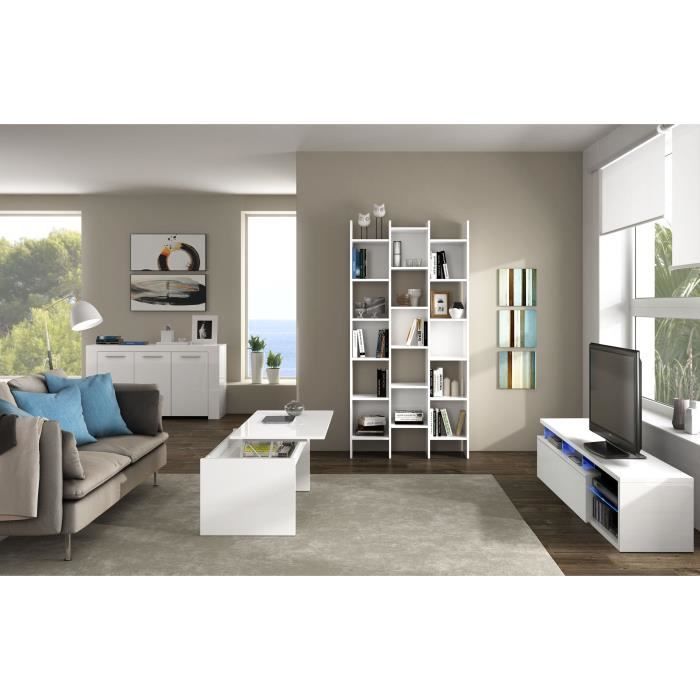 Meuble TV réversible BLUE-TECH - Mélaminé blanc laqué - 1 Porte abattante - LED - Blanc brillant - L150 x P41 x H43 cm