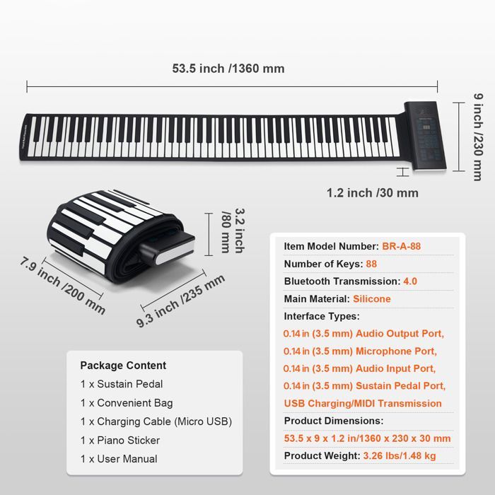 Tastiera arrotolabile per pianoforte - DUOKU - 88 tasti - Bluetooth 4.0 - 128 ritmi - Portatile