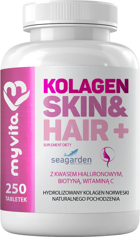 Comprimidos de suplemento alimentar MyVita Collagen Skin&Hair+ para cabelos, pele e unhas bonitos.
