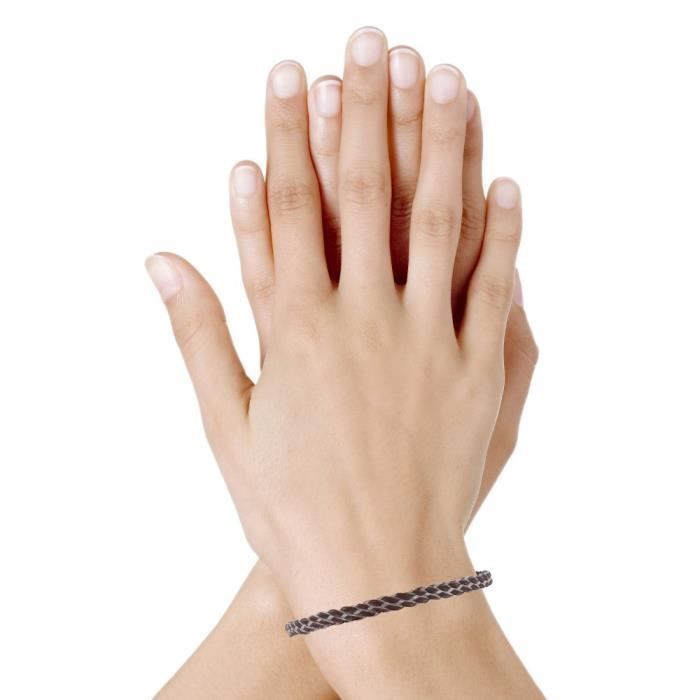 Les Poulettes Bijoux - Bracelet Mixte Cuir et Acier Tréssé Plat - Marron foncé