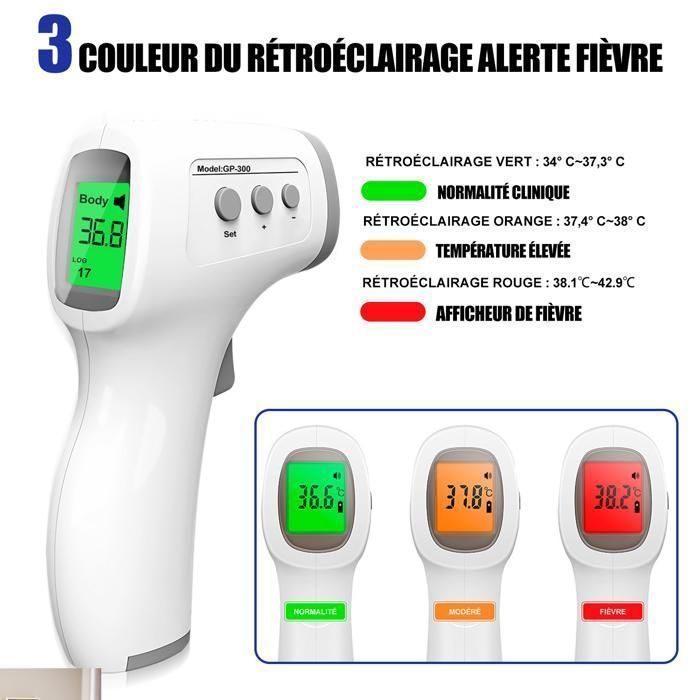 Termometro digitale a infrarossi senza contatto per la fronte, 32-42,9℃, misurazione frontale, lettura con codice colore, display LCD, funzione di allarme febbre