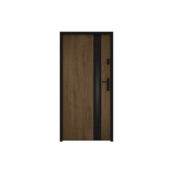 Puerta frontal de acero macizo y acero inoxidable, 207 cm de alto x 100 cm de ancho - cristal ahumado - efecto nogal y negro - 55 mm de espesor - apertura a la izquierda - BRAGA
