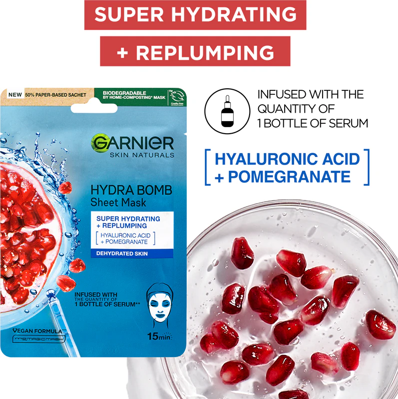 Máscara facial hidratante em tecido Garnier Hydra Bomb com ácido hialurônico