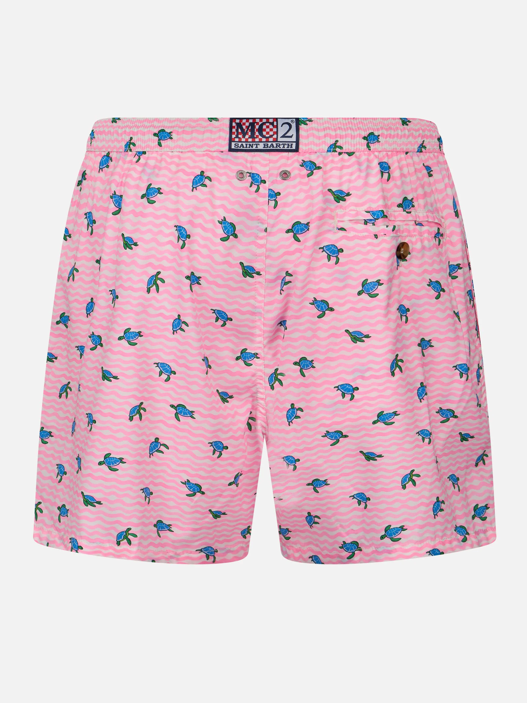 Comfort Light Swim Shorts with Green Sea Turtles and Pink Waves Print | Relaxed Fit, Quick-Drying Stretch Fabric | Elastic Waistband | MC2 Saint Barth
