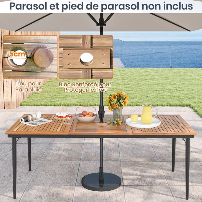 GIANTEX Rectangular Acacia Garden Dining Table, for 8 People, Metal Legs, Parasol Hole, 200 x 90 x 75 cm
