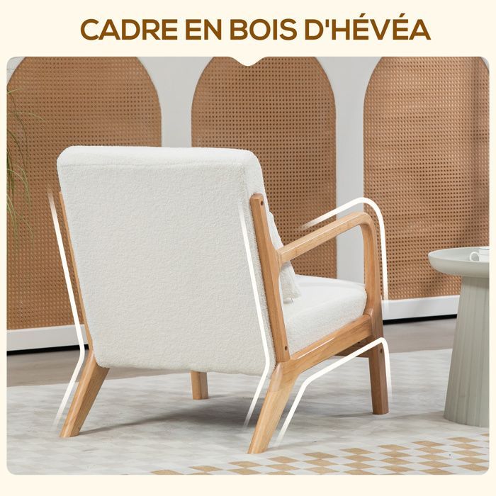 Fauteuil de salon HOMCOM avec cadre en bois massif fauteuil lounge - assise profonde - accoudoirs - aspect velours crème