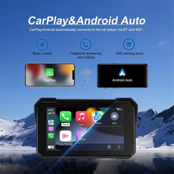Pantalla de navegación GPS portátil de 5 pulgadas para motocicletas, inalámbrica, compatible con CarPlay y Android Auto, pantalla resistente al agua IP68, Bluetooth.