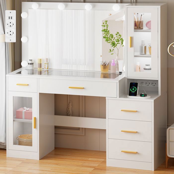 BEWISHOME Coiffeuse Grande avec Miroir LED et Prise, Plateau et Portes Verre, Port de Charge USB, 5 Tiroirs de Rangement, 2 Portes