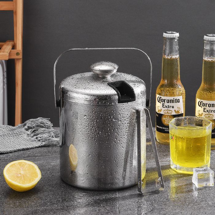 Cubitera isotérmica de 1,3 L con pinzas, de acero inoxidable, enfriador de botellas para bares, fiestas y picnics.