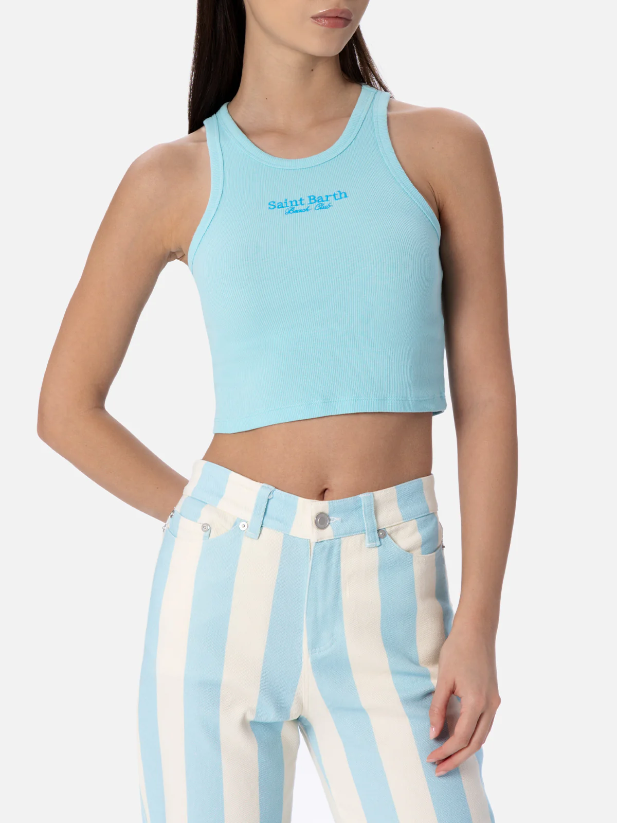 Dames tanktop van geribbeld katoen met borduursel van Saint Barth Beach