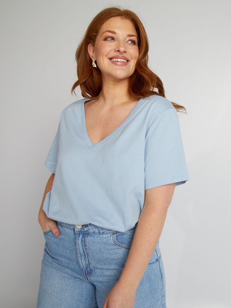 T-shirt met V-hals van jersey - BLAUW