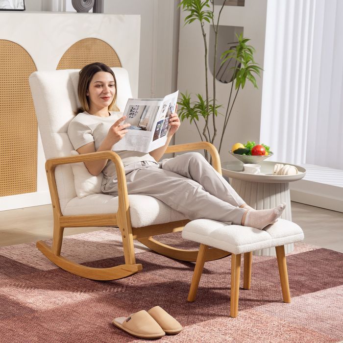 Fauteuil à bascule avec repose-pieds - HOMCOM - tissu bouclette - pieds en bois - 64,5 x 82 x 89 cm - blanc