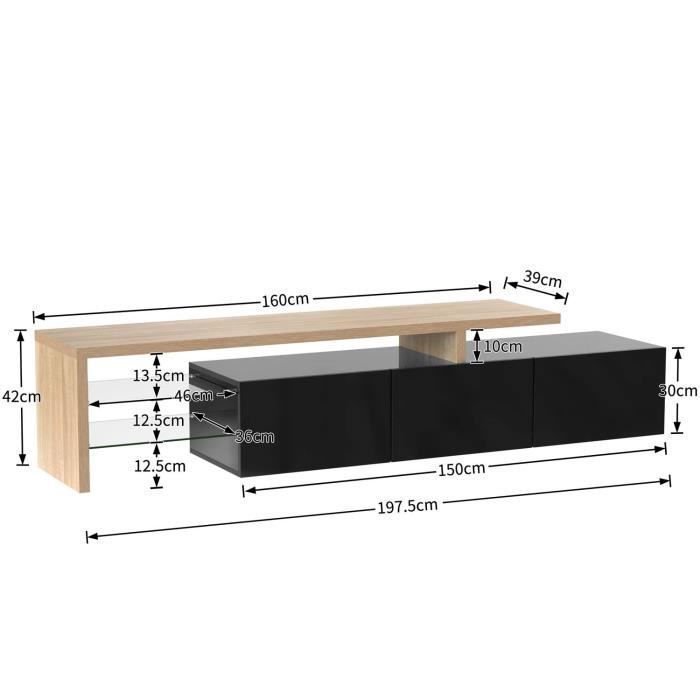 Mobile porta TV combinato da 200 cm, stile moderno con 3 ante e 2 vani in vetro, supporto per TV LED per camera da letto o soggiorno, nero.
