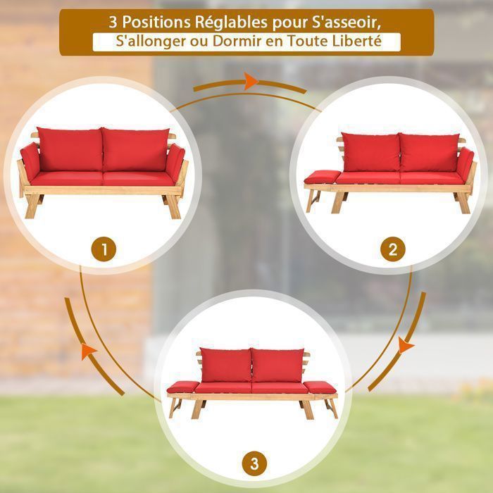 Sofá cama extensible de jardín GIANTEX - 2 plazas - Cojín - Almohada - Certificado FSC - Silla para interior y exterior - Madera de acacia - Capacidad de carga de 320 kg - Rojo