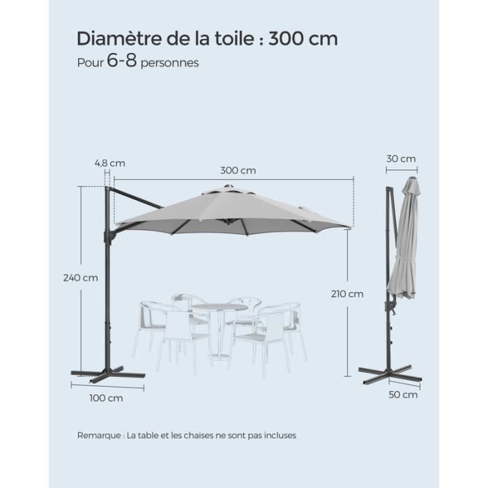 Parasol de Jardin 300 cm, UPF 50+, Pivotant à 360°, Inclinaison Fluide, Manivelle, avec Base en Croix, Gris Tourterelle