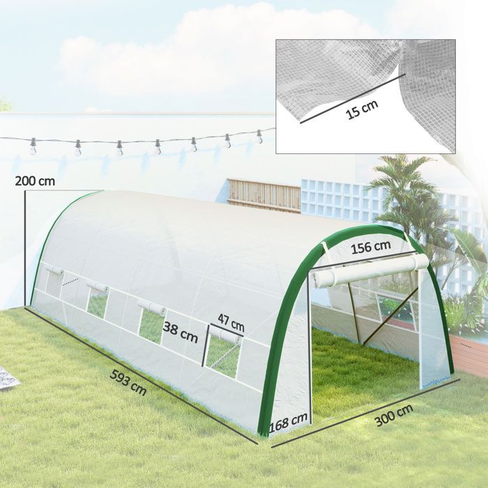 Serre de jardin tunnel - Outsunny - 18 m² serre tomates 8 fenêtres porte zippée acier galvanisé - PE - 6x3x2m - blanc