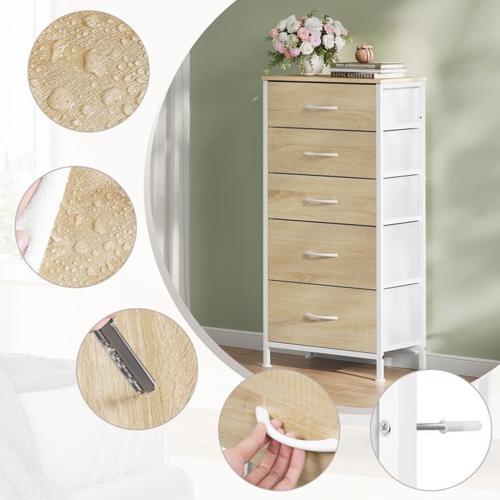 Cómoda WOLTU - Tocador con 5 cajones de tela - Mueble de MDF y metal - Roble claro + Blanco W0ITT5021