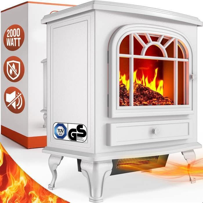 Chimenea eléctrica DEUBA® con efecto de llama, 2000 W, 2 niveles de calor, calefactor eléctrico con ventilador, luz LED, chimenea decorativa, blanca.