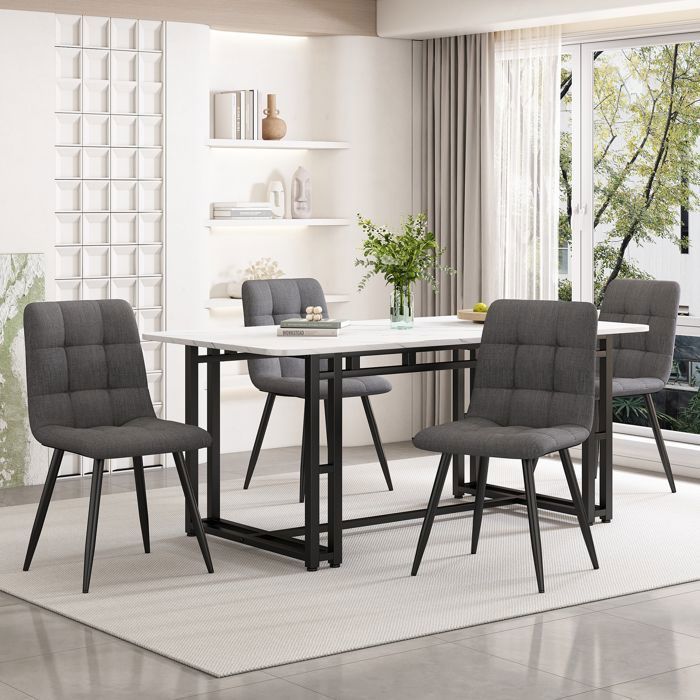 Schwarzer Esstisch (140 x 80 cm) mit 4 Stühlen, modernes Küchen-Esszimmer-Set, dunkelgraue Leinenstühle, Tisch