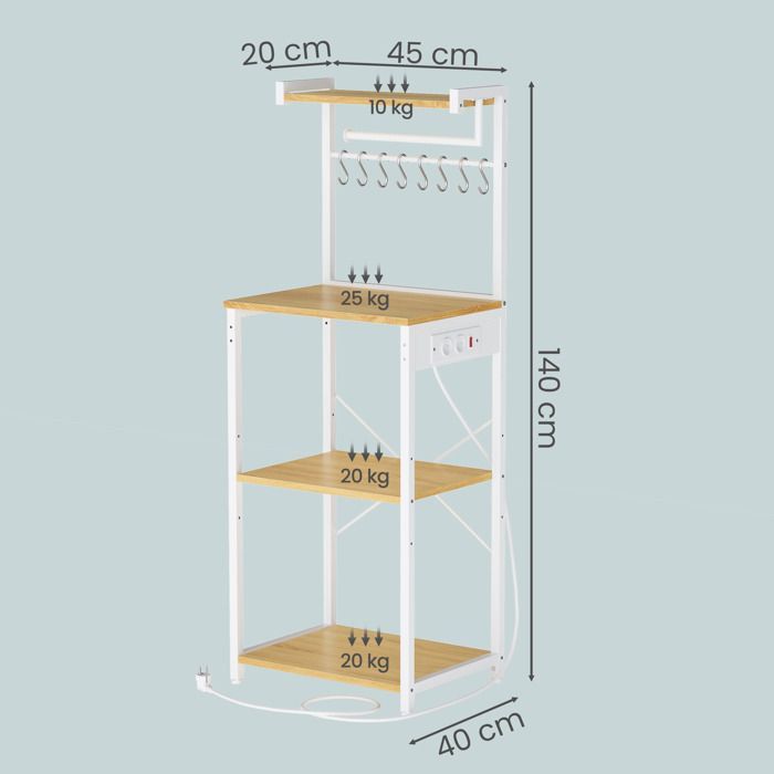 Meuble de Rangement Cuisine avec Étagère Réglable, 8 Crochets, Bar à Café, 4 Niveaux, Blanc et Chêne