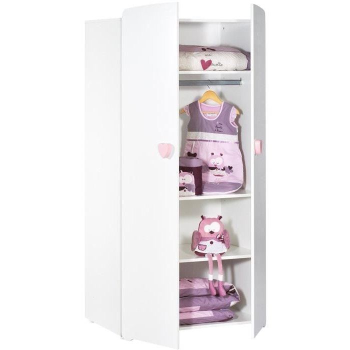 Armoire bébé Basic - MDF - Blanc - 2 portes - Bouton cœur rose - 85 x 175 x 56 cm - BABY PRICE
